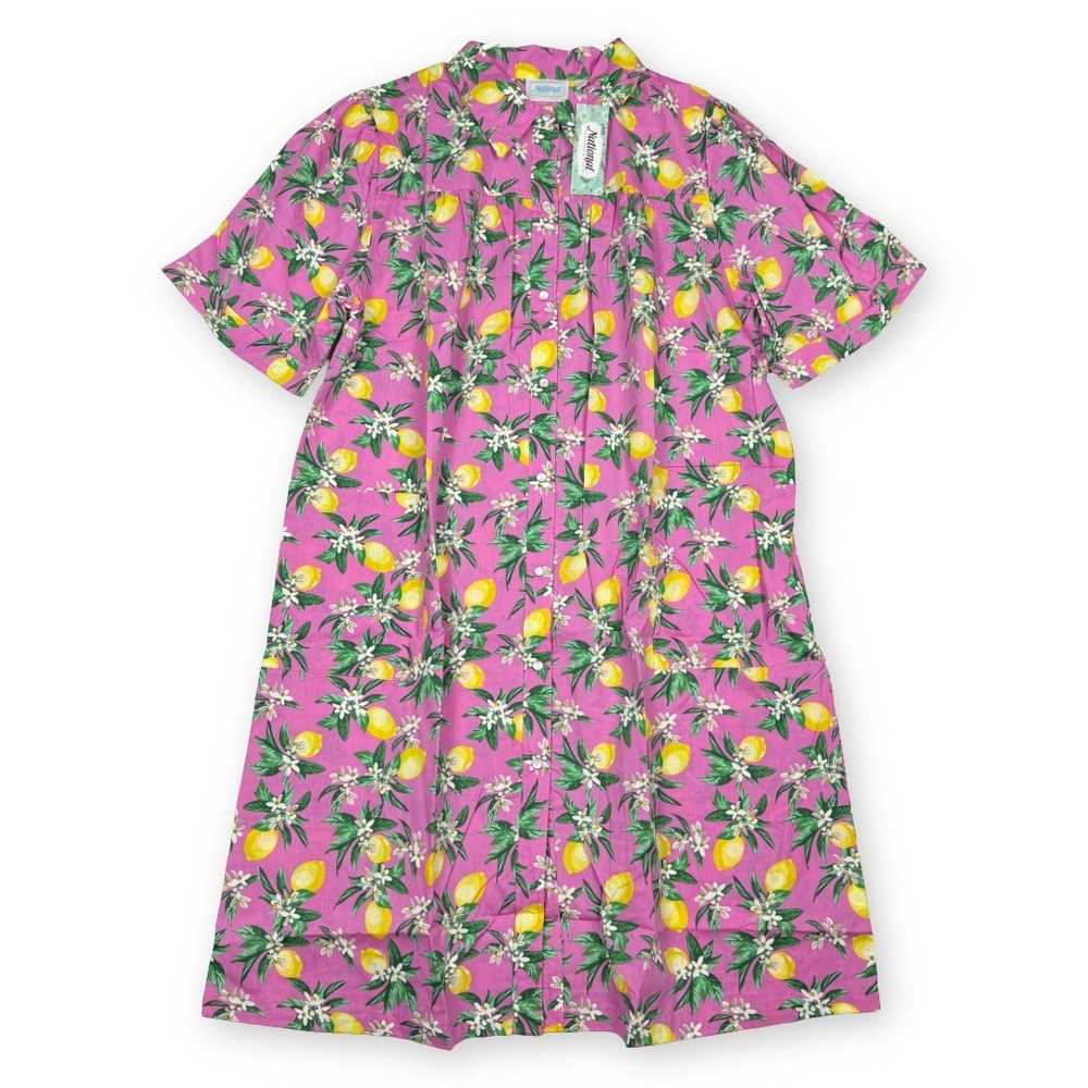 National Women Pink Lemon Print Snap Front Lounger House Dress 1X 23623 NEW